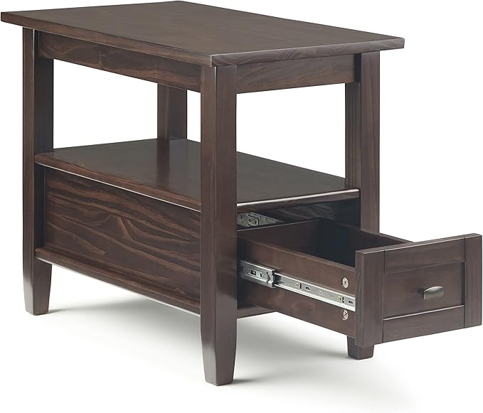 SIMPLIHOME Warm Shaker End Table - 14 inch Wide Solid Wood Narrow Side Table in Tobacco Brown, Transitional Accent Table for Living Room or Bedroom with Drawer, Open Shelf and Square Tapered Legs