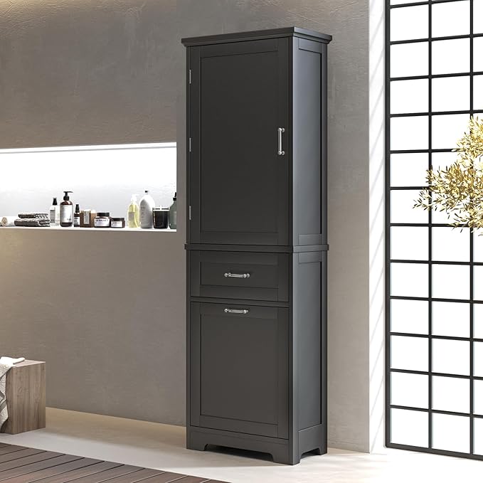 Bathroom Cabinet with Drawers and Doors, Tall Storage Display Organizer, Kitchen Pantry, Black
