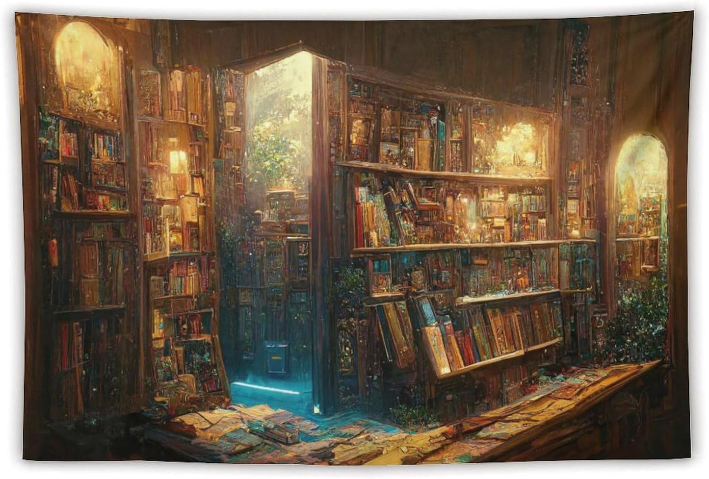 Kurtect Bookshelf Tapestry,Vintage Style Library Watercolor Art Theme Pattern Print Tapestries for Party Beach Picnic Blankets Tablecloths Living Room Wall Deocr, 40x60 in