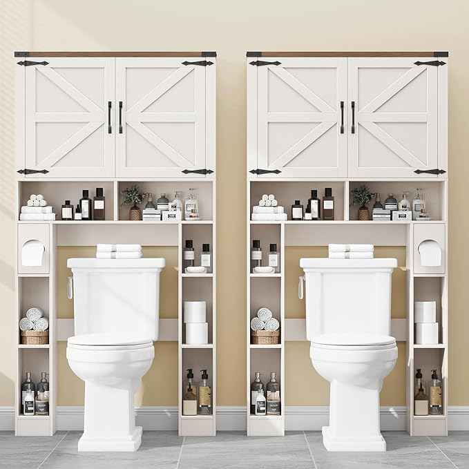 Over The Toilet Storage Cabinet, Farmhouse Storage Cabinet Over Toilet with 2 Barn Doors ，Toilet Paper Holder Stand，Home Space-Saving Toilet Rack, for Laundry, Restroom, Bathroom