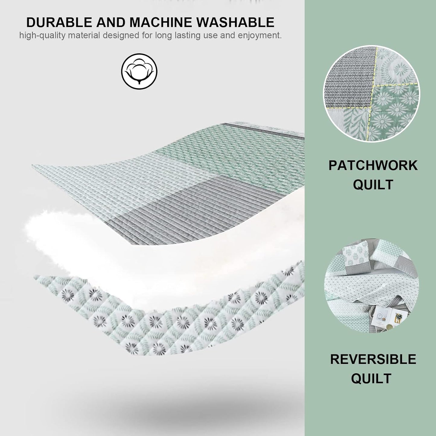 PANGUSHAN Quilt Set Queen Size, 100% Cotton Bedspread Quilt Bedding Set, Patchwork Reversible Floral Quilt for Queen Bed, Green/Grey/White Bed Spread, Lightweight Comforter for All Season, 3 Pieces