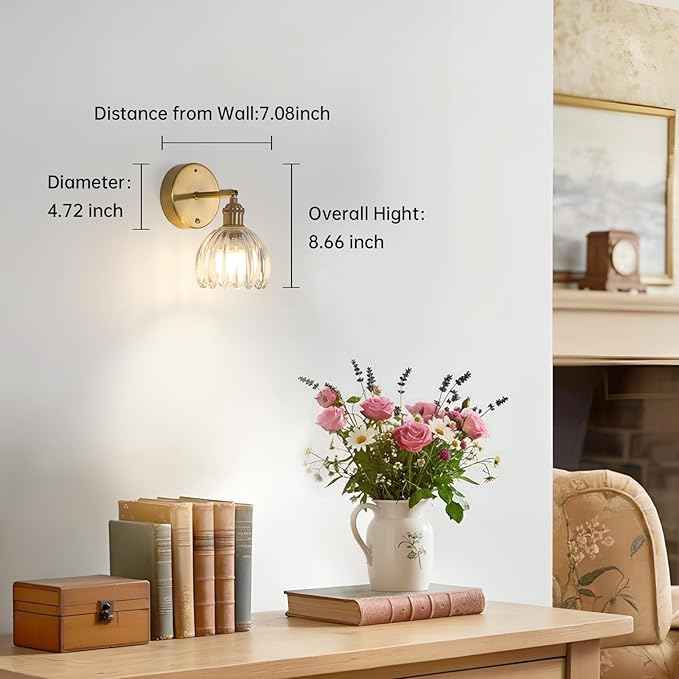 Battery Operated Vintage Wall Sconces with Transparent Tulip Glass Lampshade Battery Powered Wall Lighting for Bedside Bedroom Doorway, Set of 2