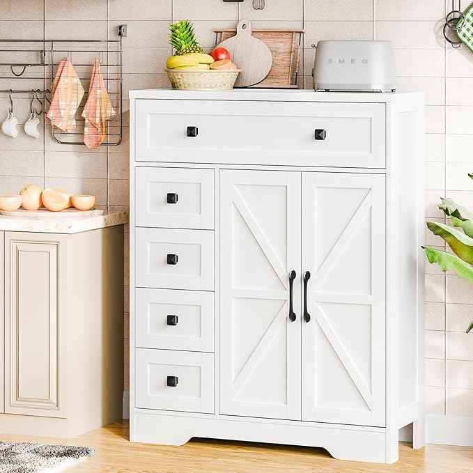Vabches Farmhouse Storage Cabinet with 2 Doors and 5 Drawers, Freestanding Bathroom Cabinets Kitchen Pantry, Floor Storage Cabinet Hutch Cupboard for Living Room/Bathroom/Kitchen.White