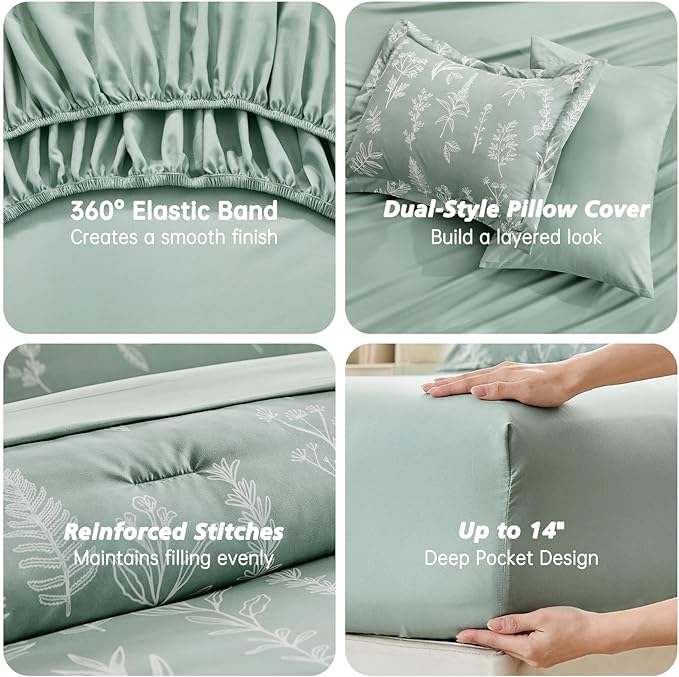 MUXHOMO Queen Comforter Set 7 Pieces, Sage Green Bed in a Bag Queen Reversible Botanical Flowers Design, Ultra Soft & Breathable Bedding Sets with Comforter, Sheets, Pillowcases & Shams