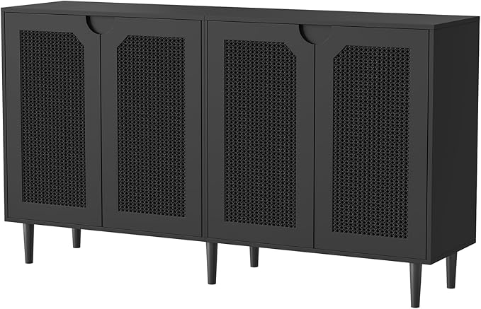 63" Rattan Sideboard Buffet Cabinet with 4 Doors, Wood Large Kitchen Storage Cabinet Black Accent Cabinet with Adjustable Shelf Credenzas for Kitchen Living Room Hallway