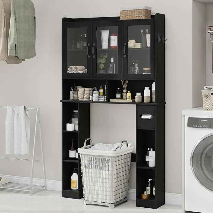 Vabches Over The Toilet Storage Cabinet,Farmhouse Bathroom Organizer with Glass Doors and Adjustable Shelf,Home Space-Saving Toilet Rack,for Restroom,Bathroom, Laundry