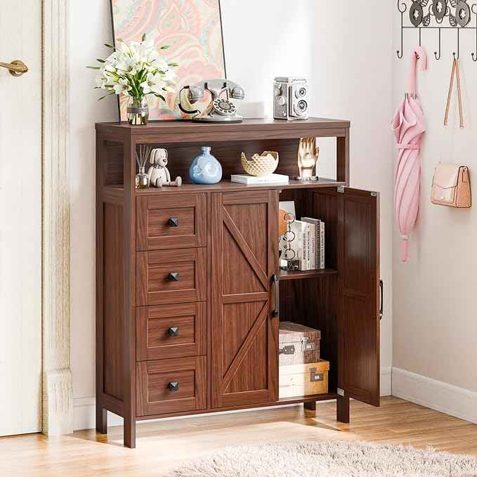 Vabches Farmhouse Storage Cabinet with 2 Doors and 4 Drawers, Freestanding Bathroom Compartment Kitchen Pantry Cabinet, Floor Cupboard for Kitchen/Living Room/Bathroom,Walnut