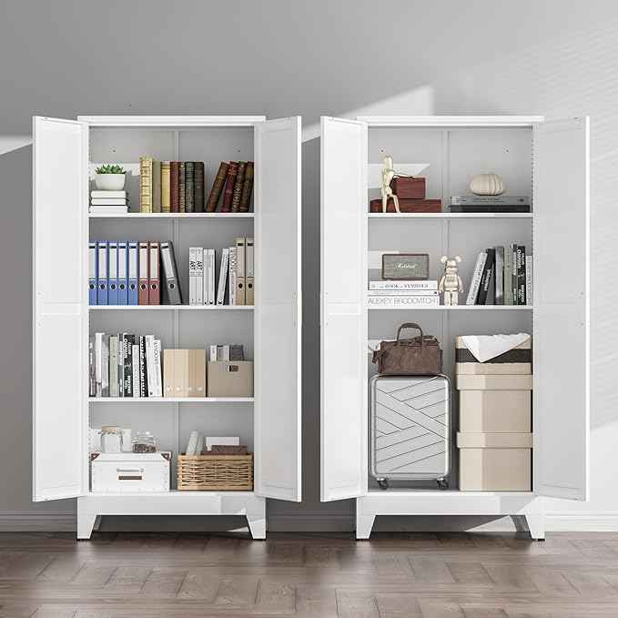 COFaR White Farmhouse Storage Kitchen Pantry Cabinet with 2 Barn Door, 3 Adjustable Shelves and Legs, for Cupboard/Dining Room/Bathroom/Living Room/Office/Laundry Room (White, 61" Farmhouse)