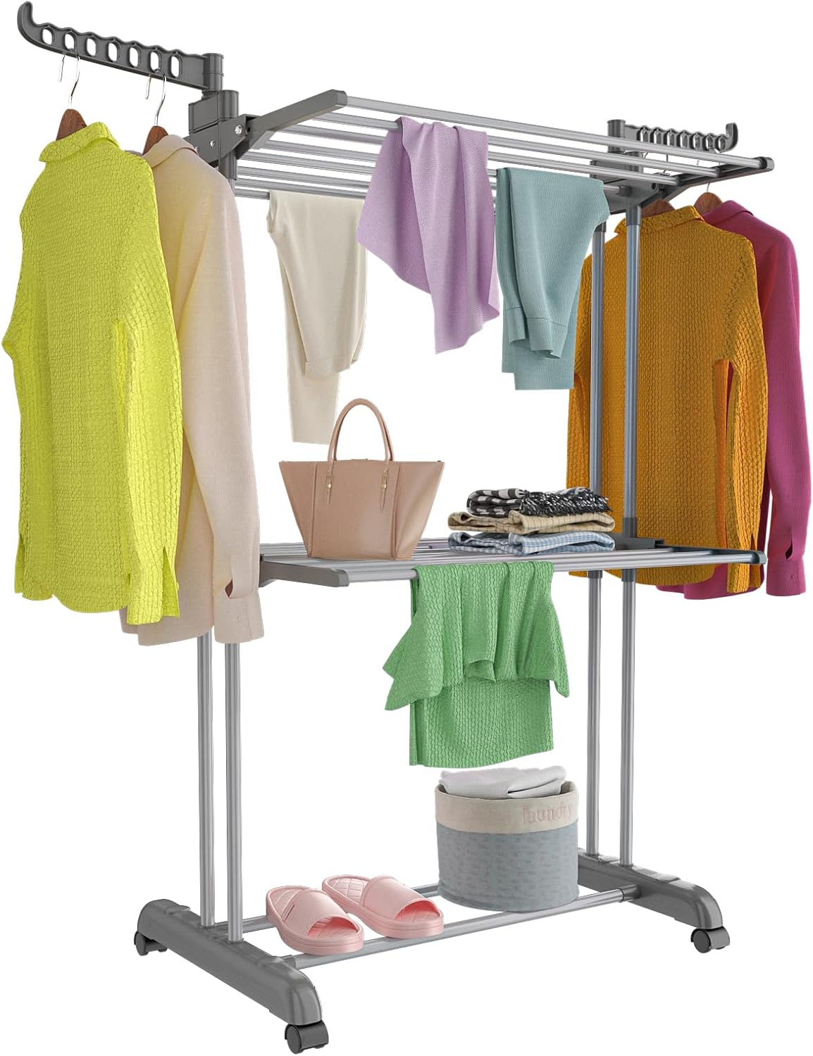 Bigzzia 3 Tier Clothes Drying Rack, 57 Inch Laundry Drying Rack, Foldable Stainless Steel Kids Clothing Rack, Movable Laundry Rack for Indoor Outdoor - Grey
