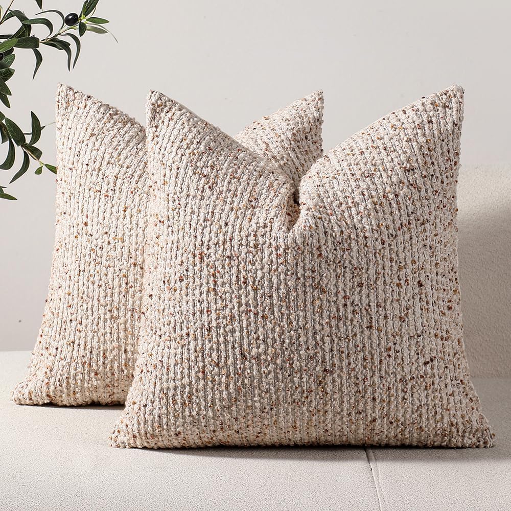 Striped Euro Sham Pillow Covers 26x26 Set of 2 Beige Textured Boucle Chic Morden Boho Accent Farmhouse Square Decorative Couch Throw Pillow Covers for Home Decor Bed Sofa Living Room