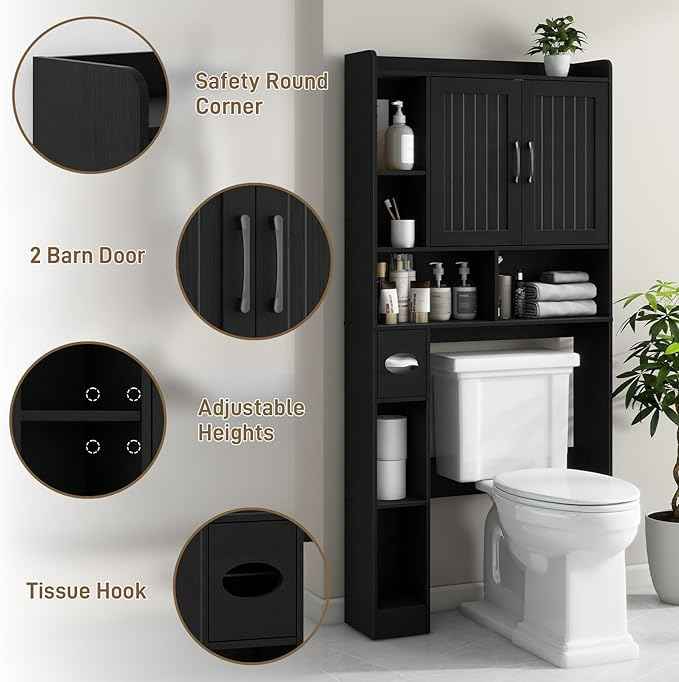 Vabches Over The Toilet Storage Cabinet, Farmhouse Storage Cabinet Over Toilet with Barn Door, Home Space-Saving Toilet Rack, for Bathroom, Restroom, Laundry（Black）.