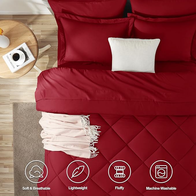 CozyLux Queen Comforter Set Dark Red - Bed in a Bag Queen Size 7 Pieces, Luxury Soft Bed Set for All Seasons, Bedding Set with Down Alternative Comforter, Sheets, Pillowcases & Shams
