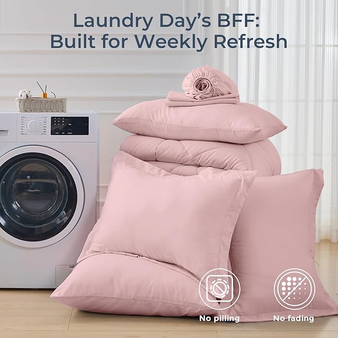 HEVUMYI Dusty Pink King Comforter Set - 7-Piece All Season Bed in a Bag King, Ultra Soft Bedding Set with Comforter, Flat Sheet, Fitted Sheet, Pillowcases, Pillow Shams