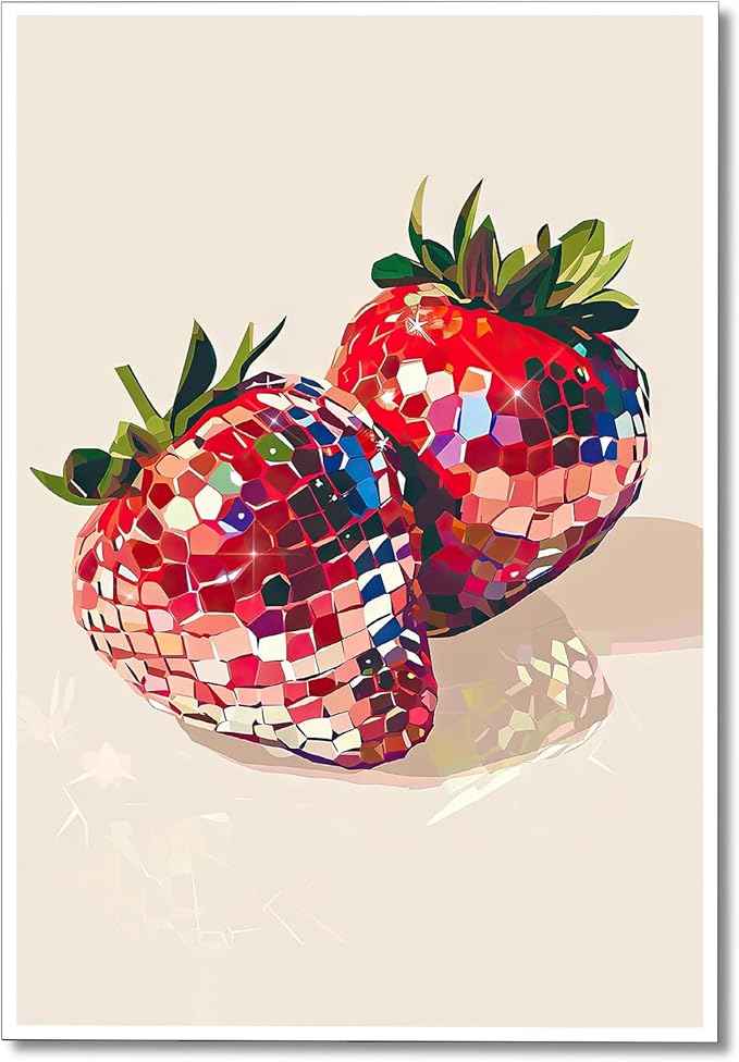 Funky Red Strawberry Disco Wall Art,Trendy Disco Ball Poster For Girls Room, Coquette Strawberries Picture Print, Art Fruit Poster For Home Bedroom Dorm wall Decor 16x24in Unframed