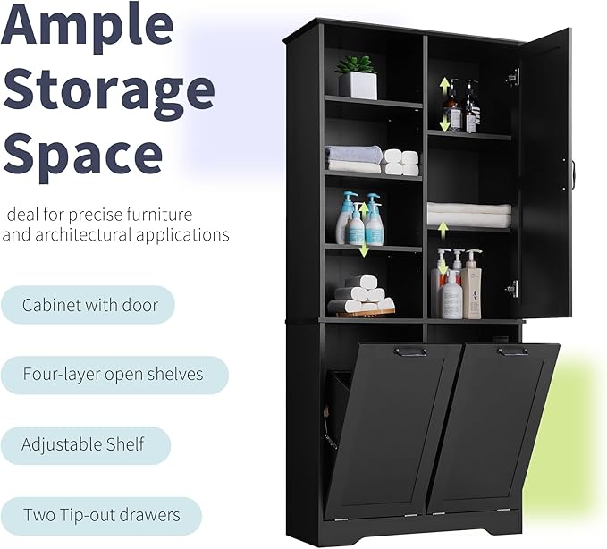 68" Tall Bathroom Storage Cabinet with Two Doors and Two Laundry Hampers for Home Display Organizer, Adjustable Shelf, Black