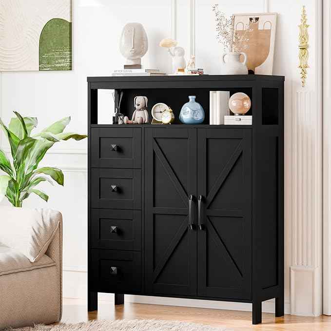 Vabches Farmhouse Storage Cabinet with 2 Doors and 4 Drawers, Freestanding Bathroom Compartment Kitchen Pantry Cabinet, Floor Cupboard for Kitchen/Living Room/Bathroom,Pure Black