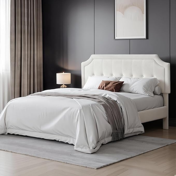 VECELO Queen Size Bed Frame with Velvet Upholstered Headboard, Platform Bedframe Mattress Foundation, Sturdy Wooden Slats Support,No Box Spring Needed Noise Free/Easy Assembly, White