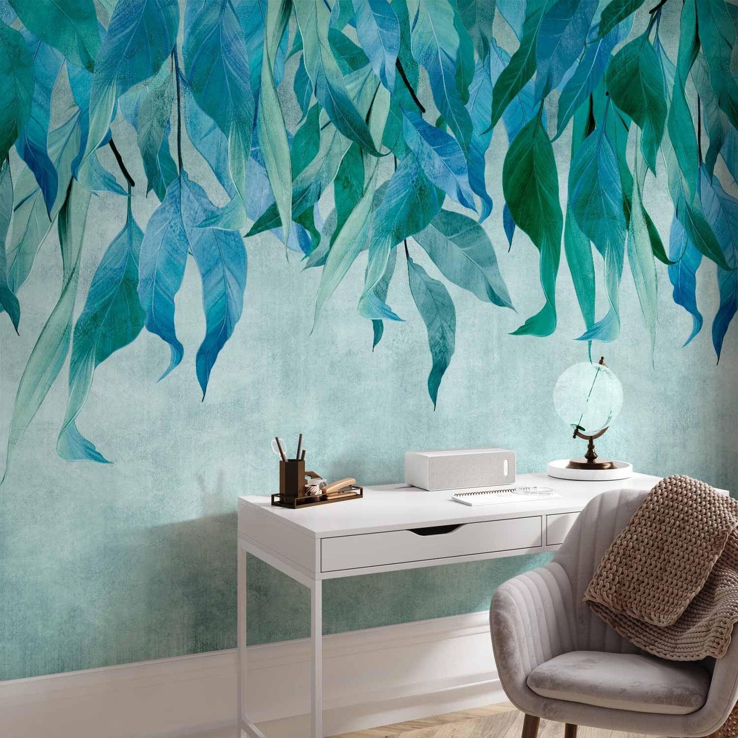 artgeist Premium Wall Mural Hanging Leaves 138x101 in - Non-Woven Wallpaper Fleece Wall Decor Photo Print Picture Image Design Nature Botanical Concrete Green Blue b-C-10146-a-b