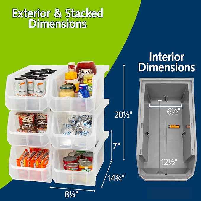 Plastic Containers for Organizing and Storage Bins for Closet, Kitchen, Office, Garage or Pantry Organization, Stackable Bins, Large (14.8" x 8" x 7"), 6-Pack, Clear