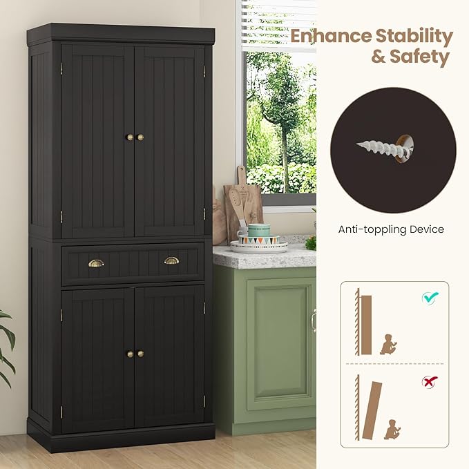Nightcore Freestanding Kitchen Pantry Cupboard, 6ft Wood Cupboard w/ 4 Adjustable Shelves, 2 Wood Pantries, & 1 Drawer, Utility Storage Cabinet for Kitchen, Hallway, Living Room, Bathroom (Espresso)