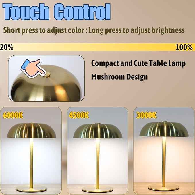 Portable LED Mushroom Table Lamp, 8.46'' Small Cordless Desk Night Light with 5200mAh Rechargeable Battery, Stepless Dimming Lamp with 3 Colors for Bedroom/Bar/Coffee Shop (Silver)