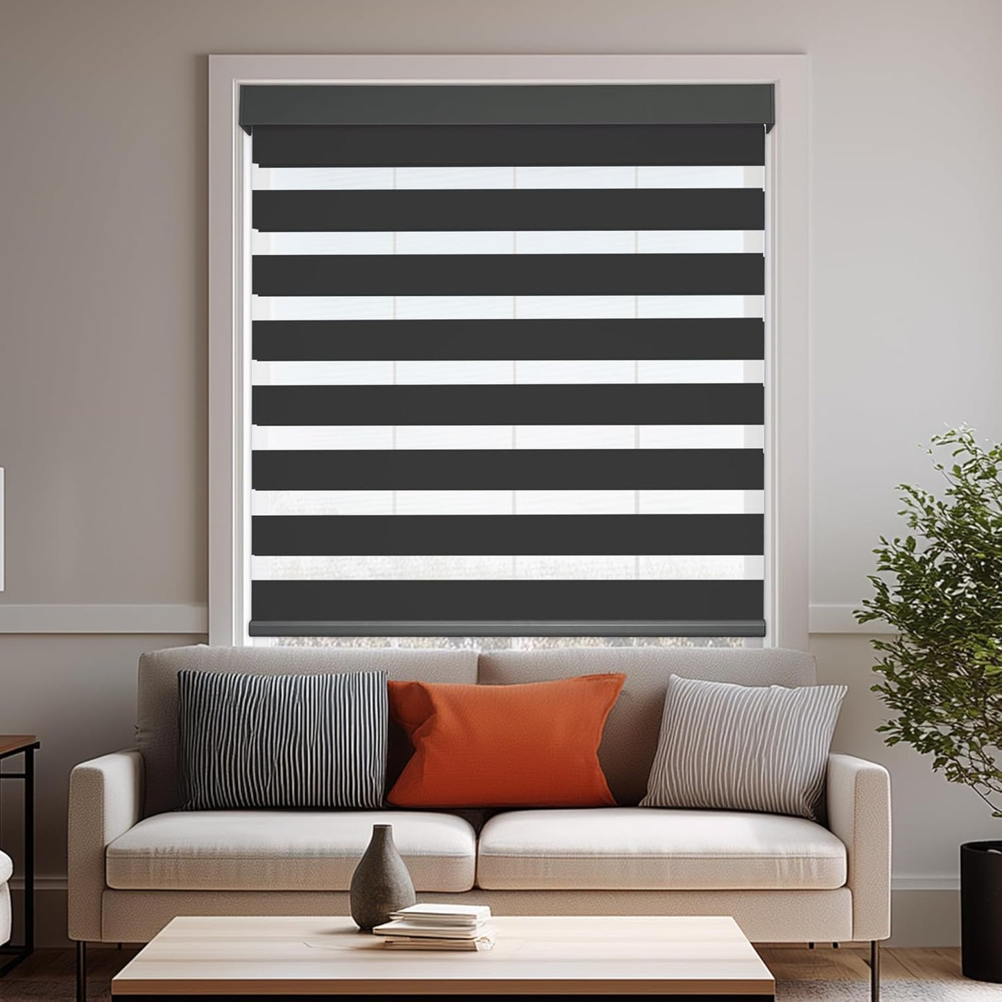 HESTIA Cordless Zebra Blinds Light Filtering Roller Shades UV Blocking Blackout Privacy Indoor Window Shades for Home Office Day and Night, Black,32" W x 60" H
