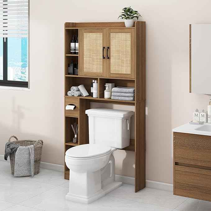 Farmhouse Rattan Storage Cabinet Over Toilet - 2 Door with Toilet Paper Holder - Space-Saving for Bathroom, Oak