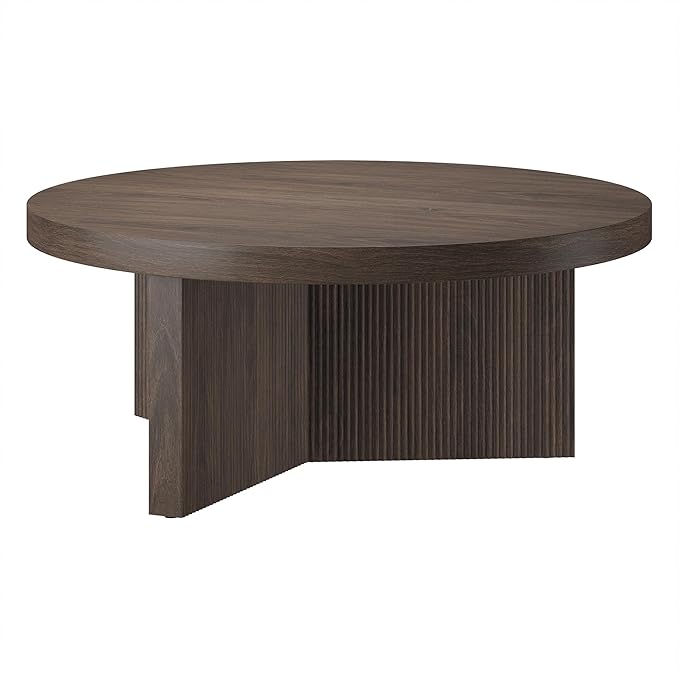 Henn&Hart 36" Fluted Round Low-Profile Coffee Table with Ribbed Pedestal Base Living Room, Family Room, or Office, Warm Brown