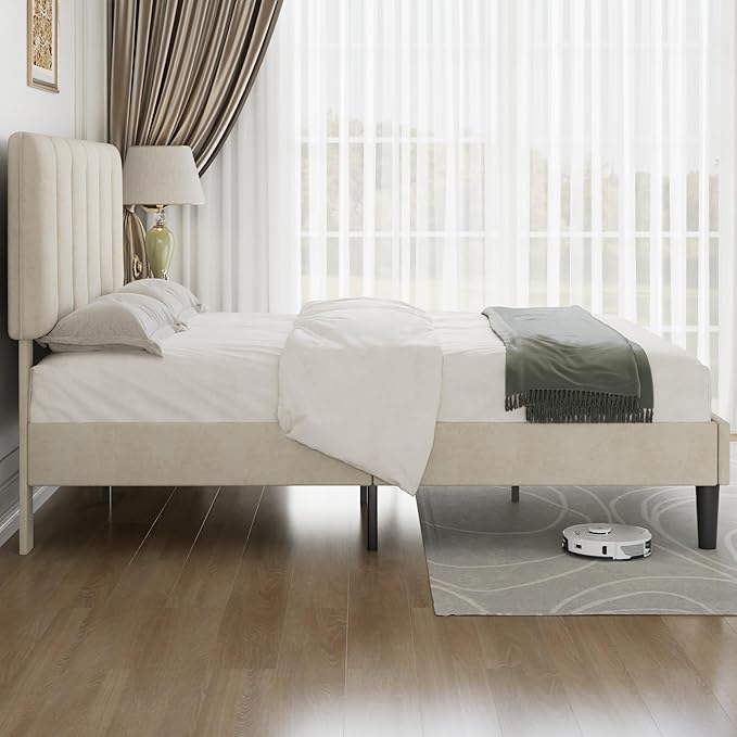 VECELO Full Size Bed Frame with Upholstered Headboard, Heavy-Duty Bedframe with Strong Wooden Slats Support, No Boxing Spring Needed, Pale Beige