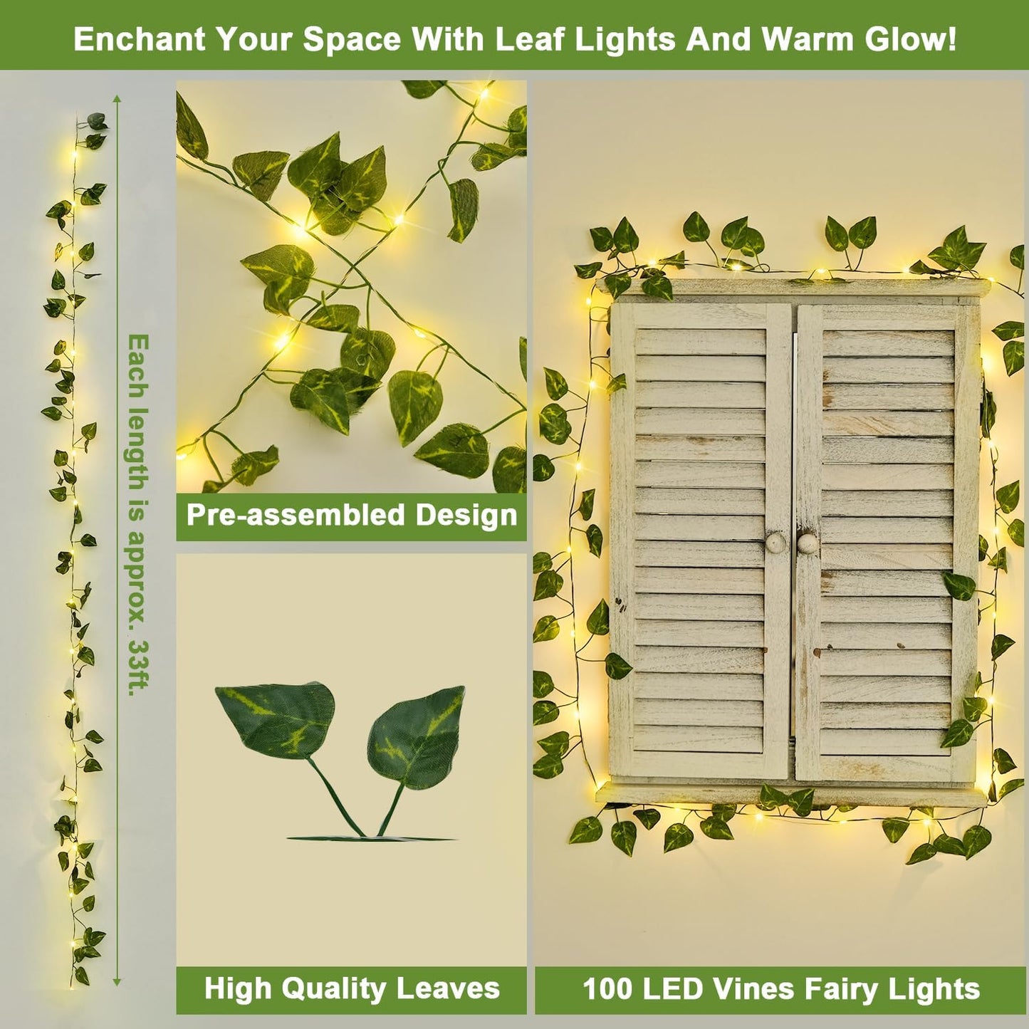 JMEXSUSS 33Ft Vines with Lights Battery Operated, 100 LED Pothos Leaf Vine Lights for Bedroom Wall Room Party Wedding Decoration (Warm White)