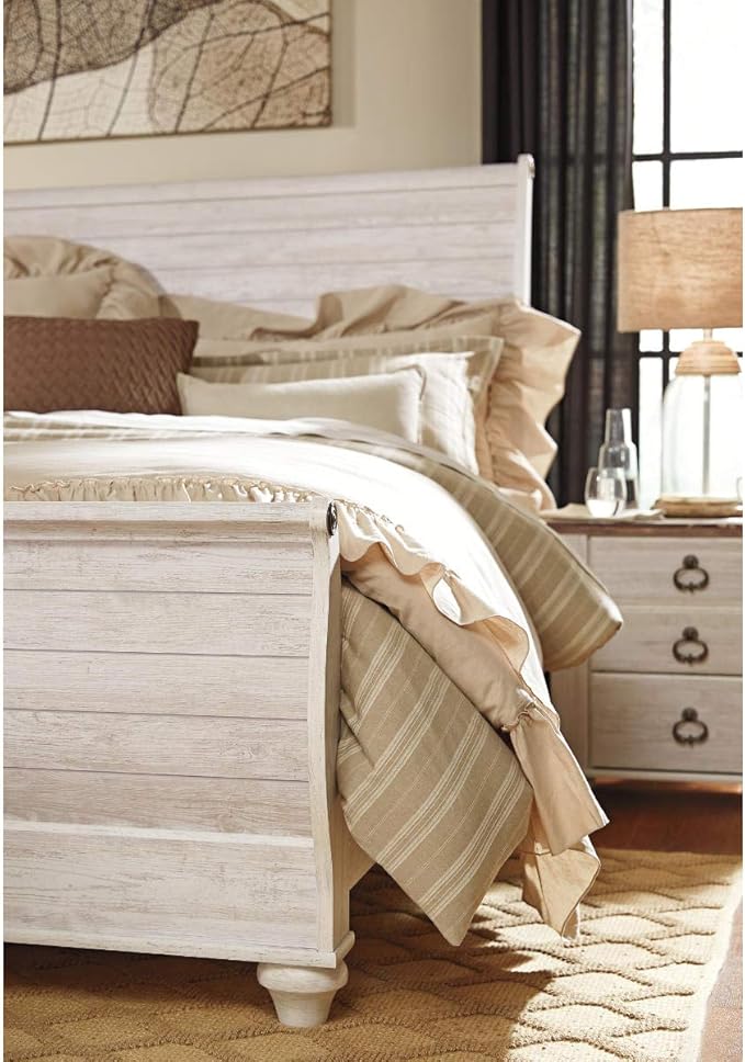 Signature Design by Ashley Willowton Cottage Farmhouse Sleigh Headboard ONLY, King, Whitewash