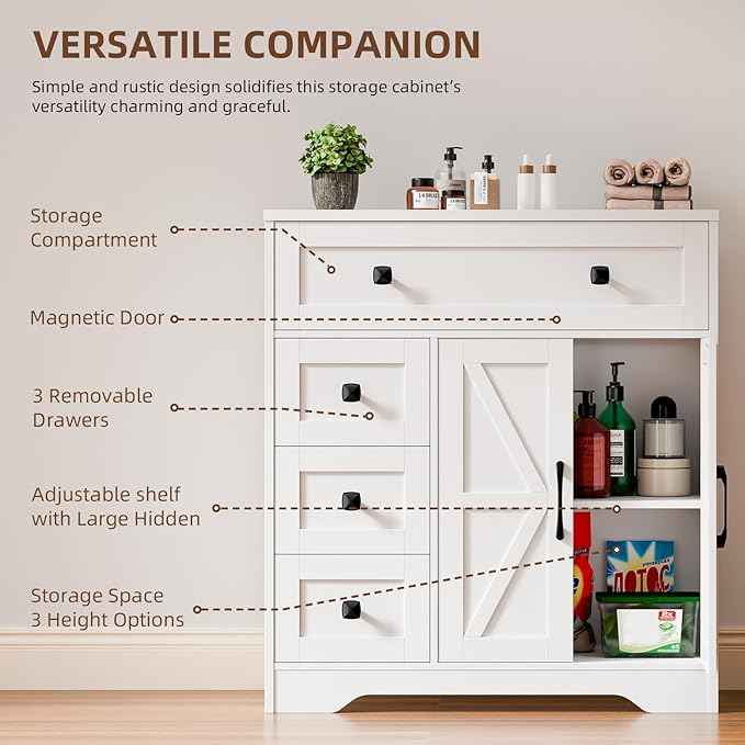 Vabches Farmhouse Storage Cabinet with 2 Doors and 4 Drawers, Freestanding Bathroom Storage Cabinet Kitchen Pantry, Floor Hutch Cupboard for Living Room/Bathroom/Kitchen,(Unique White)