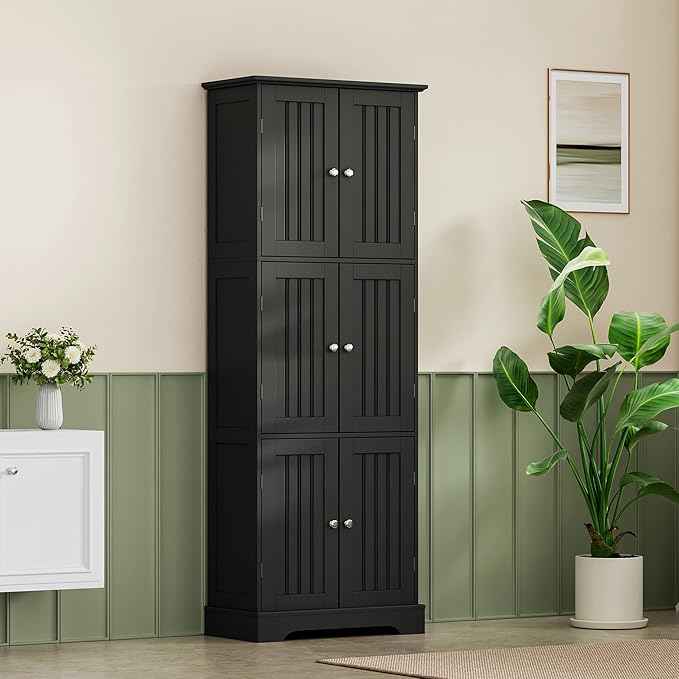ChooChoo Tall Bathroom Storage Cabinet with 6 Doors, Freestanding Floor Cabinet with Adjustable Shelves, Black Pantry Cabinet for Bathroom, Kitchen, Laundry Room