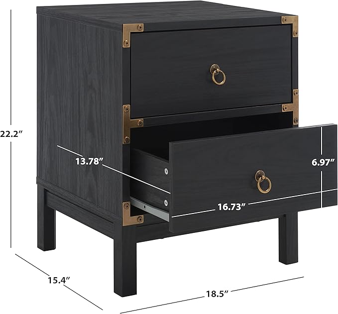 SAFAVIEH Home Collection – Galio Black & Gold 2-Drawer Nightstand, Vintage-Inspired Bedside Table with Storage for Bedroom (NST9600B)
