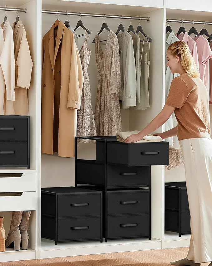 Stackable Storage Drawers - 2 Tier Closet Drawers, Closet Organizer with Metal Handles, Night Stand with Collapsible Bins, Fabric Dresser for Bedroom, Dorm, Office, Black, 1 Pack