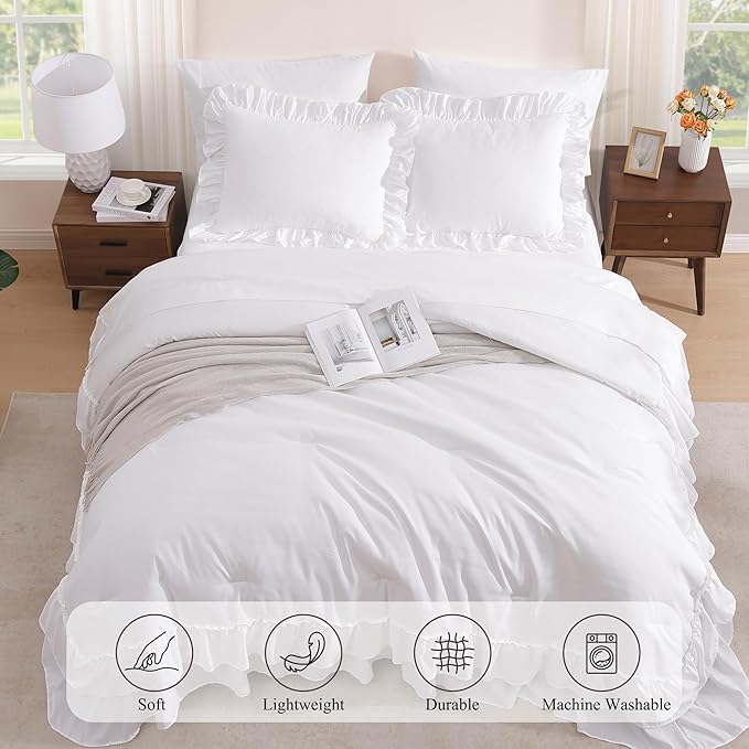 King Size Comforter Set White, Ruffle Shabby Chic Bedding Set Farmhouse 7 Pieces, All Season Fluffy Bed in a Bag with Sheets, Pillowcases & Shams