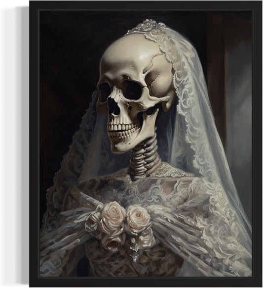 Skull Gown Poster Art Print, Halloween Scary Vintage Wall Art Academia Spooky Painting Decoration for Horror Prints, Gothic Posters Bedroom Decor 89 (Skull Gown, 16 x 20 inches, Black Frame)