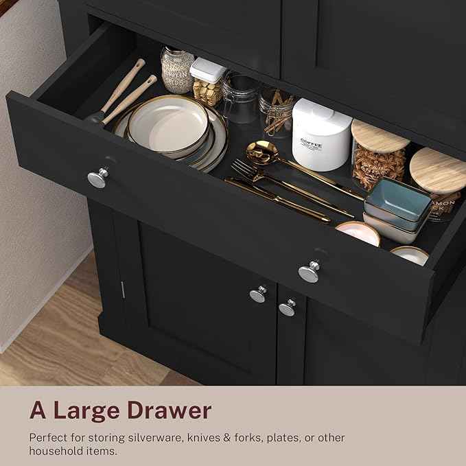 Iwell 72” Kitchen Pantry Cabinet, Tall Storage Cabinet with 6 Hanging Shelves and Adjustable Shelves, Freestanding Cupboard with 4 Doors and 1 Drawer for Kitchen, Dining Room,Living Room, Black