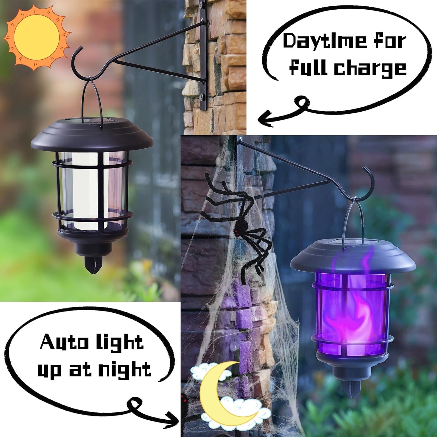 Dynaming Solar Purple Flame Wall Lanterns, Outdoor Halloween Hanging Lights, Flickering Flame LED Auto On/Off Wall Mounted Sconce Lights with Hooks, Waterproof for Garage Stair Patio Porch, 4 Pack