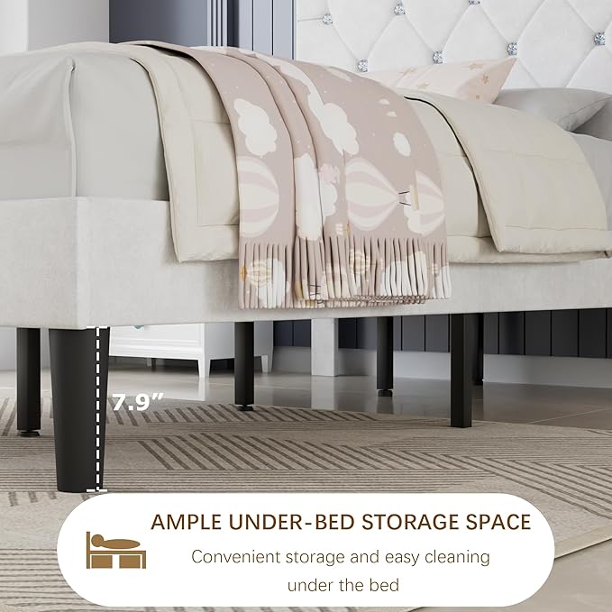 VECELO Twin Size Bed Frame with Diamond Tufted Headboard, Upholstered Platform Bedframe with Wood Slat Support, No Box Spring Needed, Velvet & White
