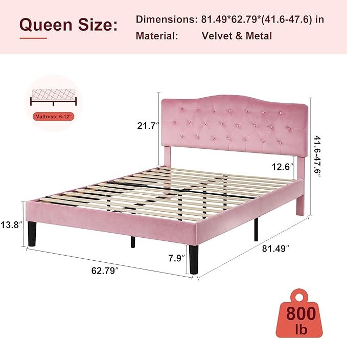 VECELO Queen Size Bed Frame with Upholstered Headboard, Velvet Platform Bedframe Mattress Foundation, Sturdy Wooden Slats Support,No Box Spring Needed Noise Free/Easy Assembly,Pink