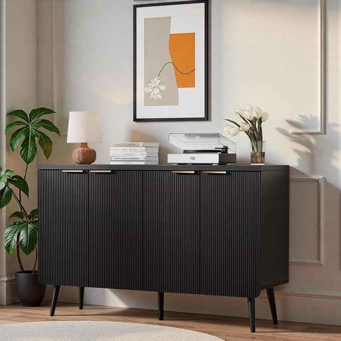 47.2" Modern Fluted Sideboard Cabinet with 4 Doors, Wood Storage Credenza with Shelves, Multi-Purpose Buffet Cabinet for Entryway, Dining & Living Room, Black