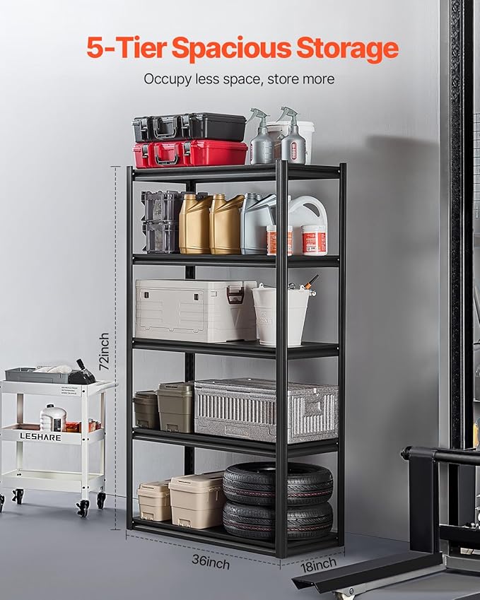 VEVOR Storage Shelves, 2000 lbs, 5 Tier Garage Storage Shelving, 18" D x 40" W x 72" H Adjustable Metal Shelves for Garage Shelves Utility Rack Shelf, Ideal for Kitchen, Warehouse, Basement, Black