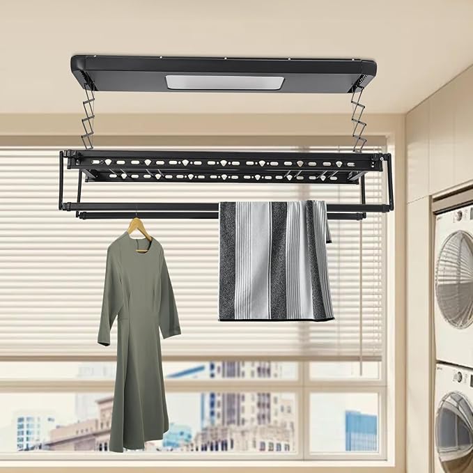 Electric Retractable Airing Rack Black, Ceiling Clothesline 77lbs Load, Ceiling Mounted Clothes Drying Rack 24W with Remote and Light for Laundry Balcony (Black)