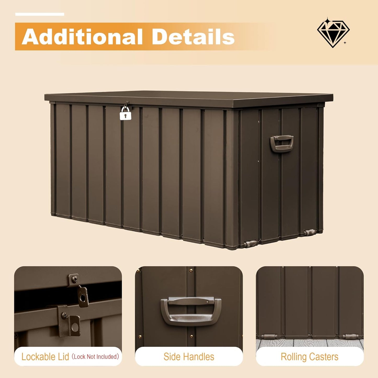 Domi 100 Gallon Deck Box, Outdoor Metal Lockable Storage Cabinet, Waterproof Steel Outdoor Bench with Lockable Lid, Side Handles & Rolling Casters for Outside Cushions, Pillows, Garden Tools, Brown
