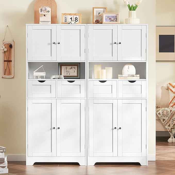 Iwell Tall Storage Cabinet with Adjustable Shelf & 2 Drawers, Kitchen Pantry Cabinet, Pantry Cabinets with 4 Doors, Tall Cabinets for Living Room, Kitchen, Bathroom, White