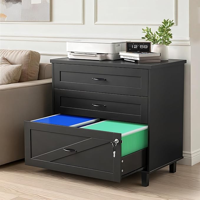 Large Wooden File Cabinet Black 32in Lateral Filing Cabinets 3 Drawer with Hanging File Folders for A4 Letter Legal Wood Office Storage Organizer Furniture Printer Stand
