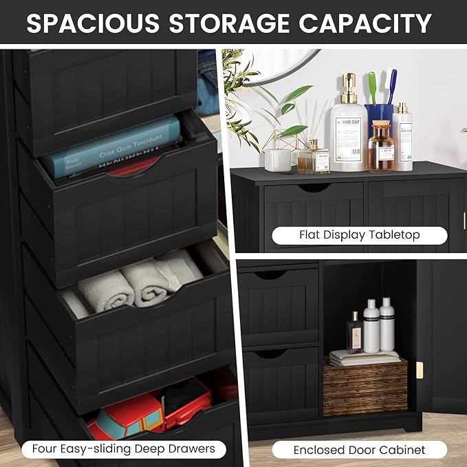 COSTWAY Bathroom Storage Cabinet, Wooden Storage Organizer with 4 Deep Drawers & Adjustable Shelf, Modern Floor Cabinet for Living Room, Bathroom, Kitchen, Entryway (Black)