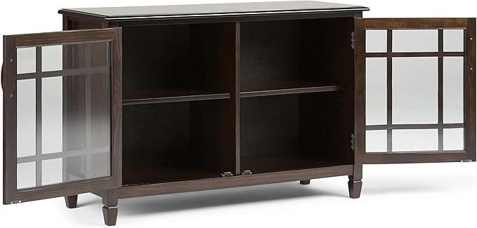 SIMPLIHOME Connaught Storage Cabinet - 46 inch Wide Solid Wood Low Storage Cabinet in Dark Chestnut Brown, Traditional Console for Living Room, Entryway, or Dining Room with Glass Doors and Shelves