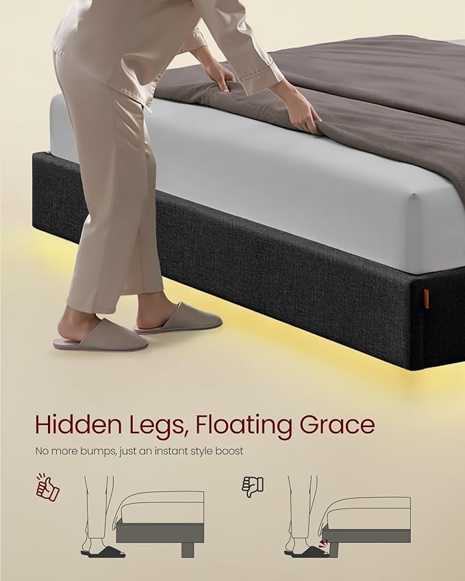 VASAGLE Queen Size Floating Bed Frame with LED Lights, Upholstered Queen Bed Frame with Charging Station, Tufted Storage Headboard, Noise-Free, No Box Spring Needed, Dark Gray URMB851G71SV1